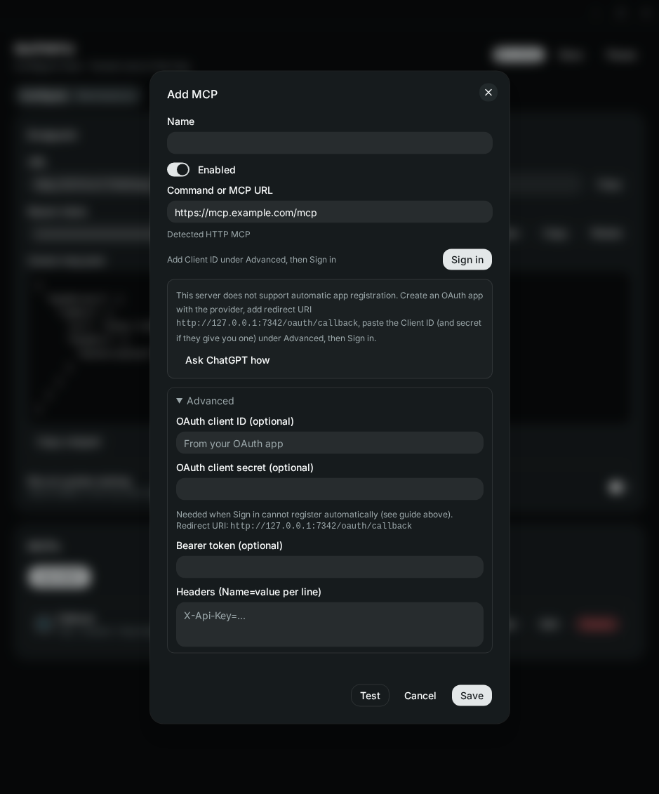 Add MCP Advanced section with OAuth client fields and redirect URI
