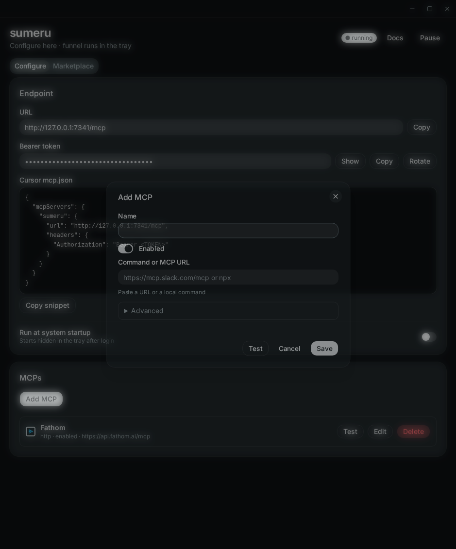 Add MCP dialog with name, command or URL, Test, and Save