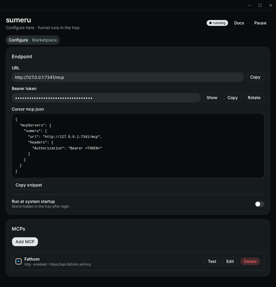 Configure tab with running badge, endpoint URL, and bearer token